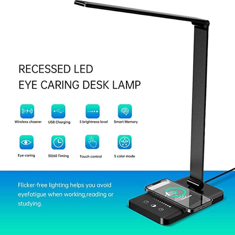 LED desk lamp with USB charging port, dimmable eye-friendly reading lamp for home, with 5 brightness levels & 3 light modes, touch control, auto timer (Black)