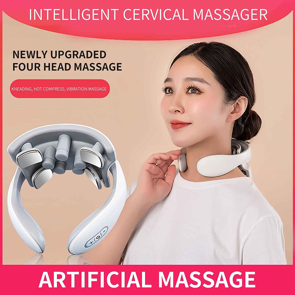 Neck massager with heat, pain therapy, smart neck massager, 4 massage heads portable deep tissue trigger point massager