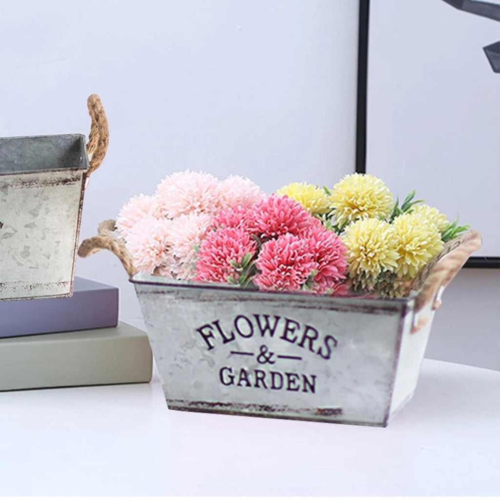 Decorative flower and garden container made of metal with hemp rope handles