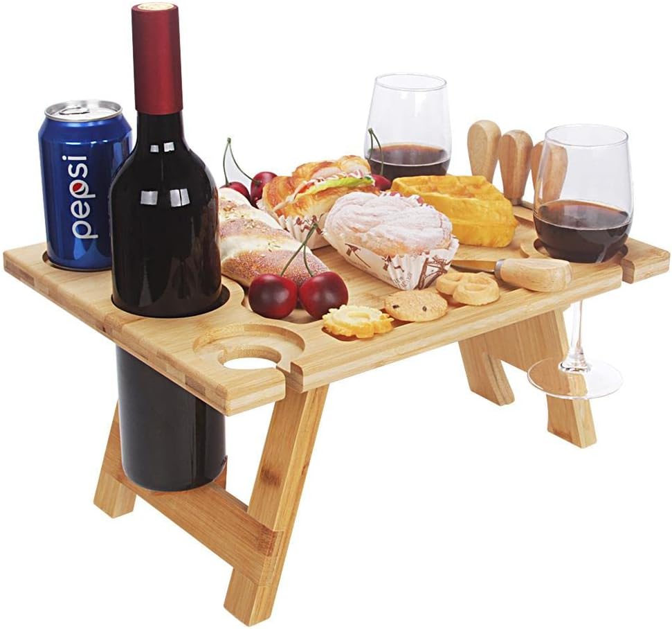 Portable Wine Table Vinlora FoldWood | Foldable & Mobile | Made of Wood | With Bottle & Glass Holder | For Picnic, Garden & Camping