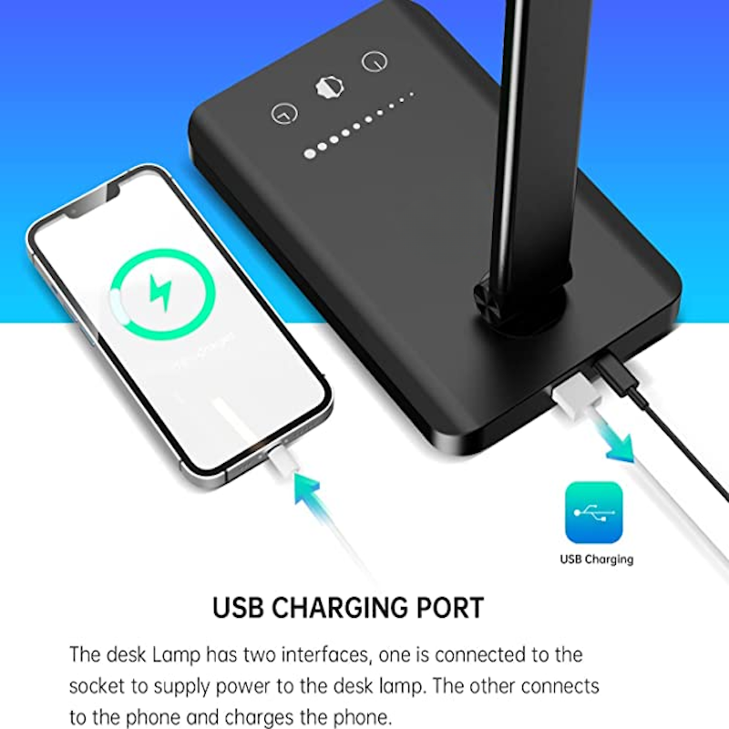 LED desk lamp with USB charging port, dimmable eye-friendly reading lamp for home, with 5 brightness levels & 3 light modes, touch control, auto timer (Black)