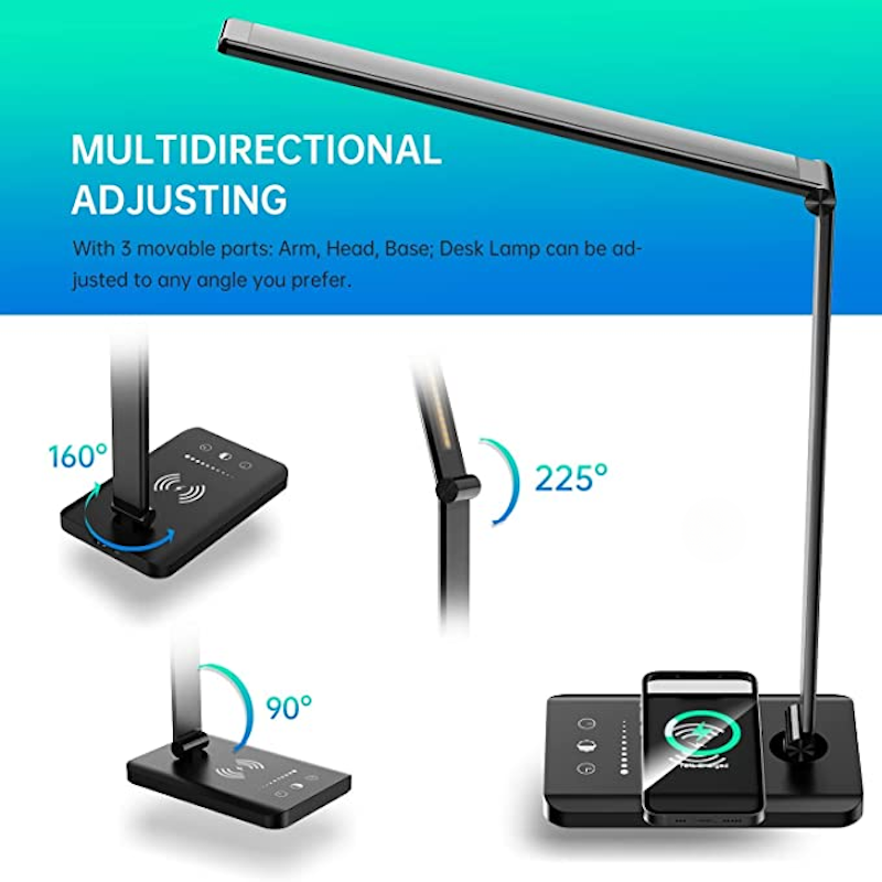 LED desk lamp with USB charging port, dimmable eye-friendly reading lamp for home, with 5 brightness levels & 3 light modes, touch control, auto timer (Black)