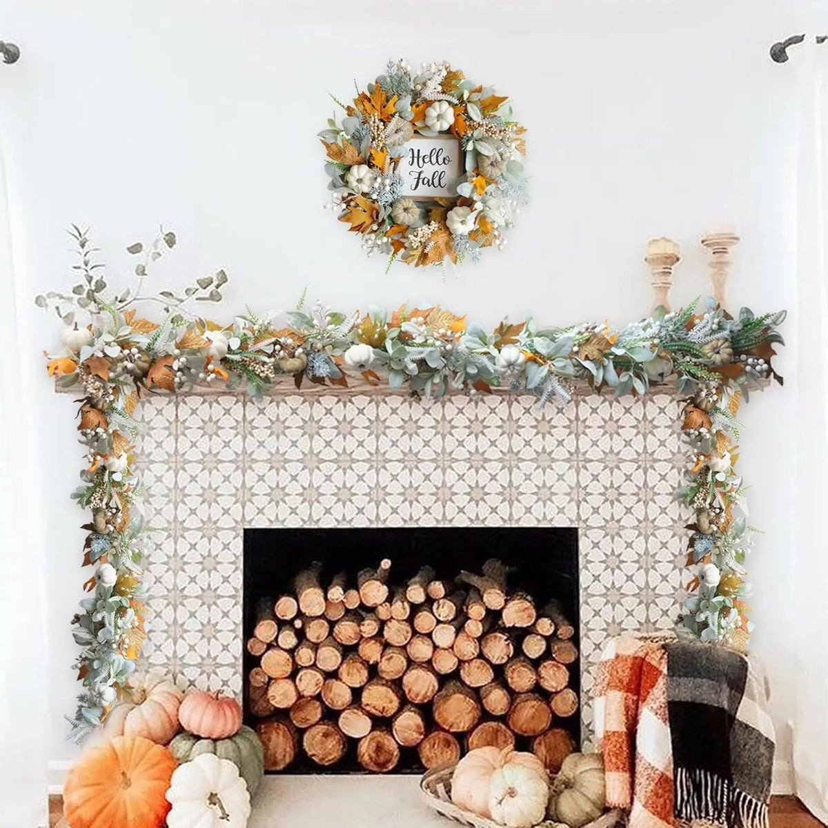 Halloween Autumn Wreath – Handmade Door Wreath with Pumpkins and Eucalyptus