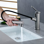 Modern bathroom sink faucet with brass lever handles and swivel spout