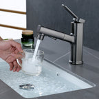 Modern bathroom sink faucet with brass lever handles and swivel spout
