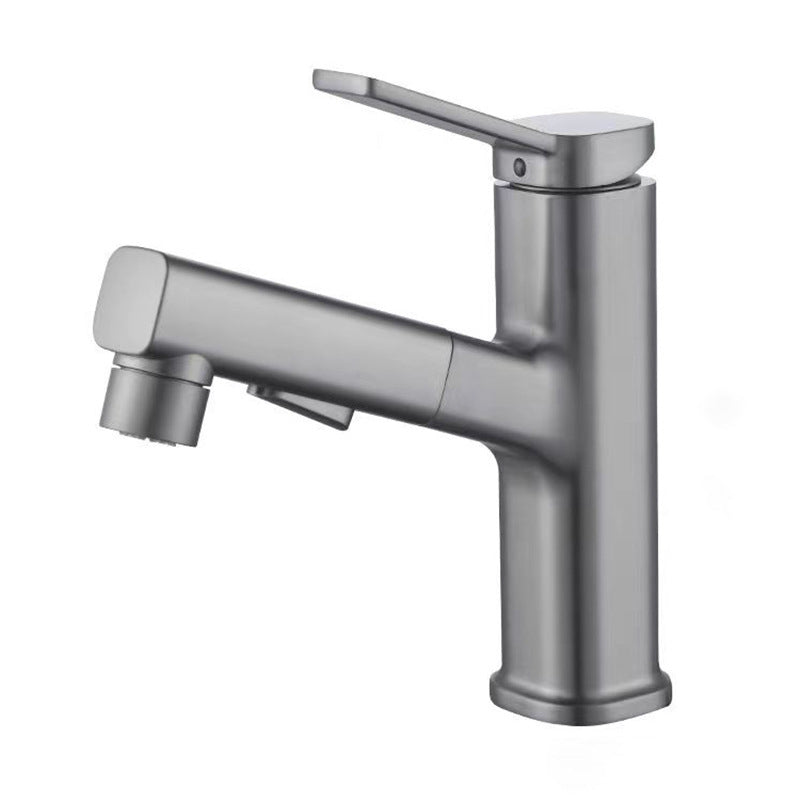 Modern bathroom sink faucet with brass lever handles and swivel spout