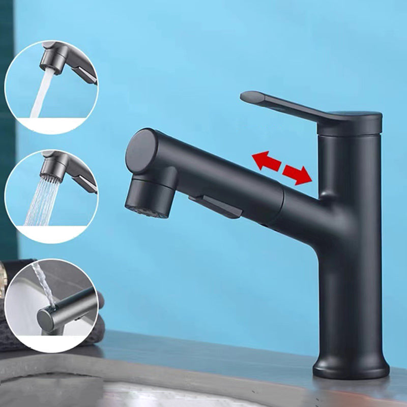 Modern bathroom sink faucet with brass lever handles and swivel spout