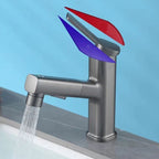 Modern bathroom sink faucet with brass lever handles and swivel spout