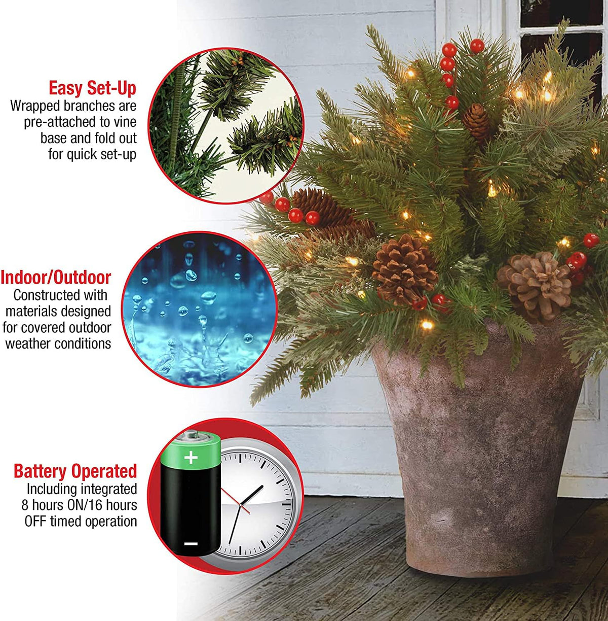 Christmas Urn Filler with LED Lights | 18" Realistic Pine Arrangement | Indoor/Outdoor Decor