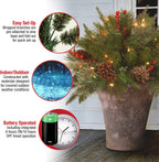 Christmas urn decoration with LED lights | Realistic pine branches & berries | Indoor and outdoor