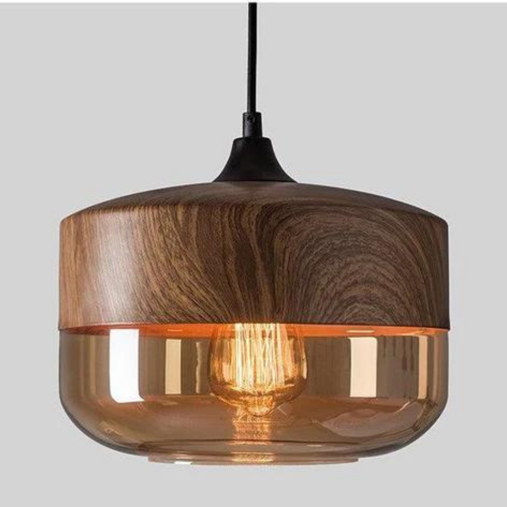 Scandinavian Pendant Lamp made of Wood and Tinted Glass