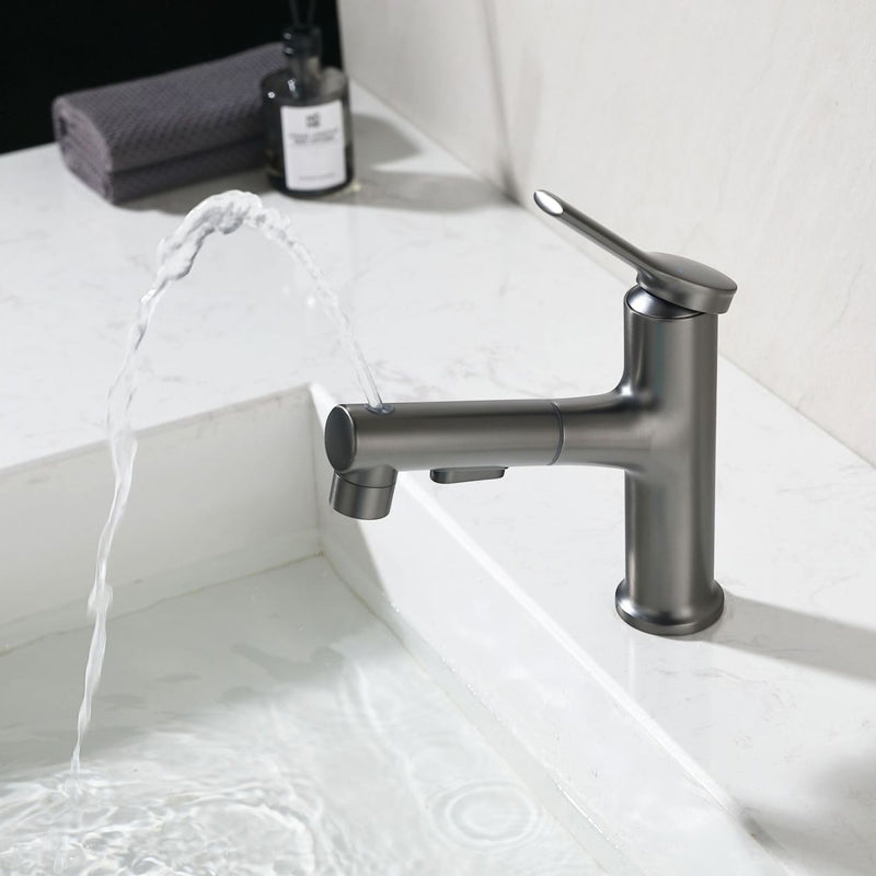 Modern Sink Faucet Copper Single Handle Low Arc Pull-Out Sink Faucet