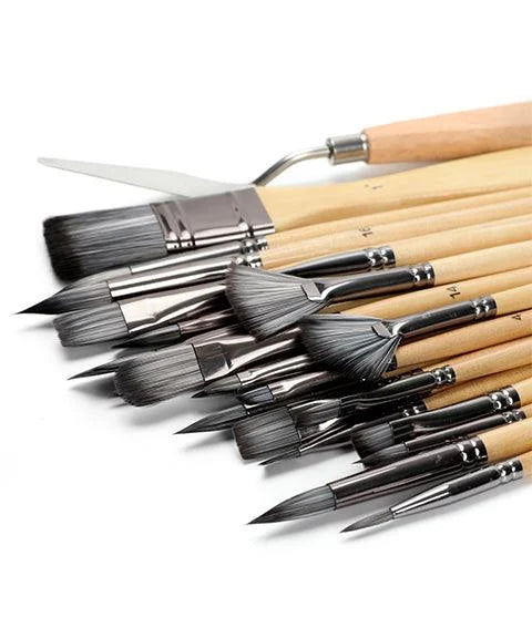 Professional Art Brushes with Natural Wood Handles Set of 24