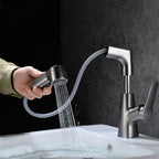 Modern Sink Faucet Copper Single Handle Low Arc Pull-Out Sink Faucet