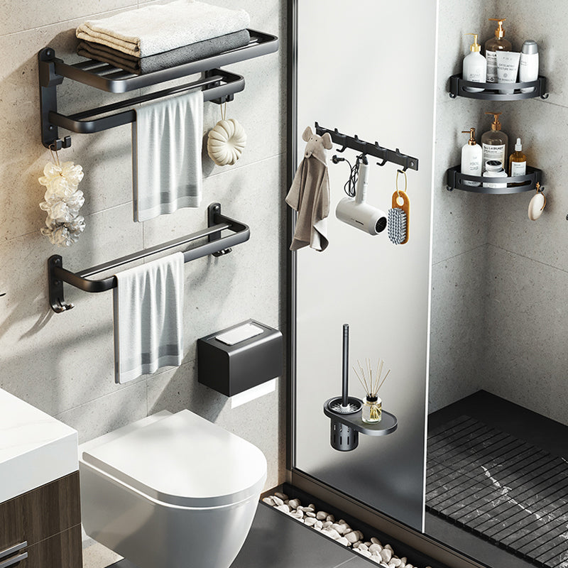 Contemporary bathroom accessory set with black finish and bath shelf/towel bar