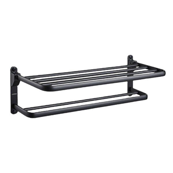 Contemporary bathroom accessory set with black finish and bath shelf/towel bar