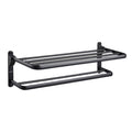 Contemporary bathroom accessory set with black finish and bath shelf/towel bar
