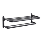 Contemporary bathroom accessory set with black finish and bath shelf/towel bar