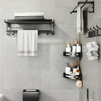 Contemporary bathroom accessory set with black finish and bath shelf/towel bar