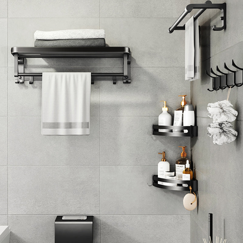 Contemporary bathroom accessory set with black finish and bath shelf/towel bar