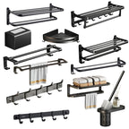 Contemporary bathroom accessory set with black finish and bath shelf/towel bar
