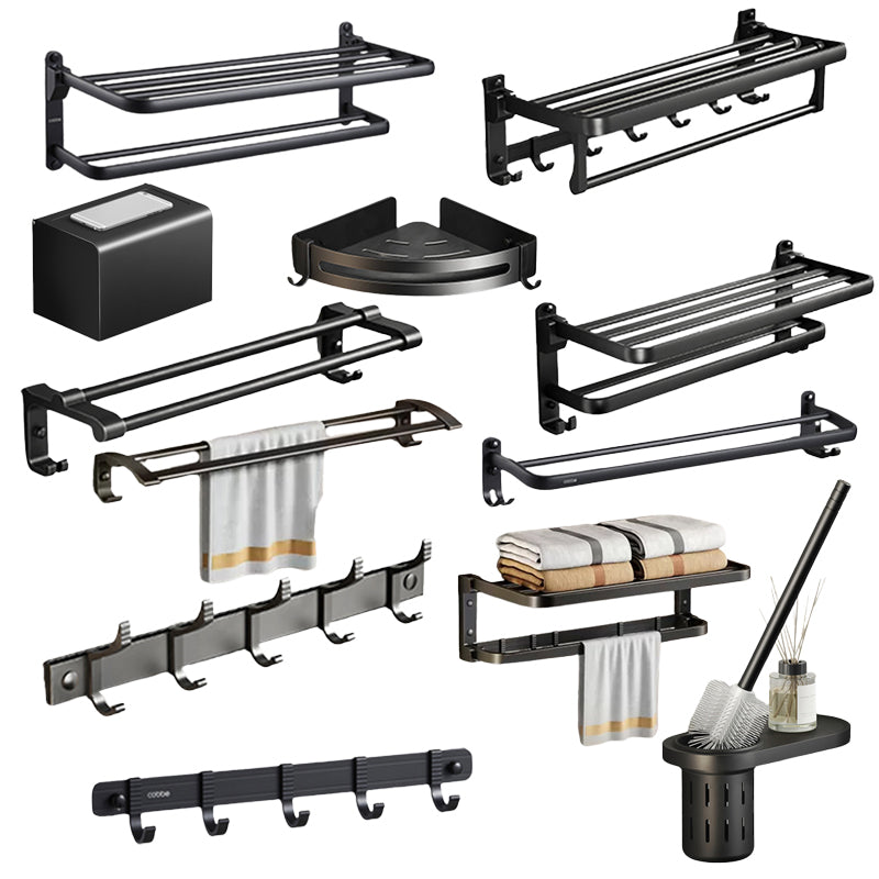 Contemporary bathroom accessory set with black finish and bath shelf/towel bar