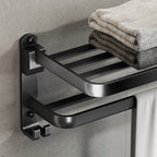 Contemporary bathroom accessory set with black finish and bath shelf/towel bar