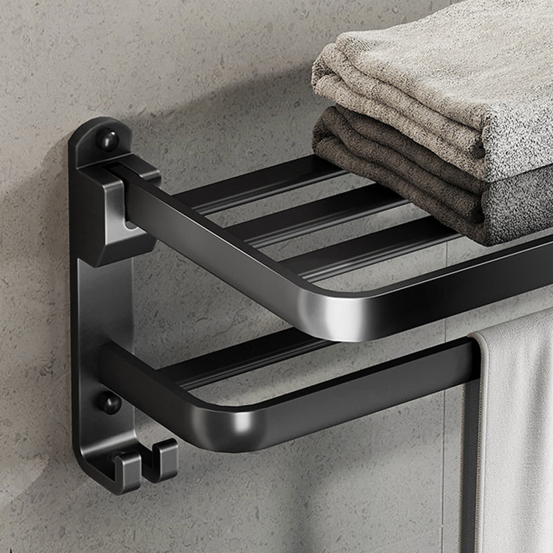 Contemporary bathroom accessory set with black finish and bath shelf/towel bar