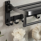 Contemporary bathroom accessory set with black finish and bath shelf/towel bar
