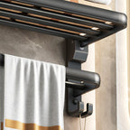 Contemporary bathroom accessory set with black finish and bath shelf/towel bar