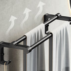 Contemporary bathroom accessory set with black finish and bath shelf/towel bar