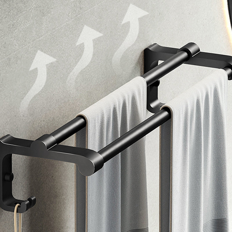 Contemporary bathroom accessory set with black finish and bath shelf/towel bar