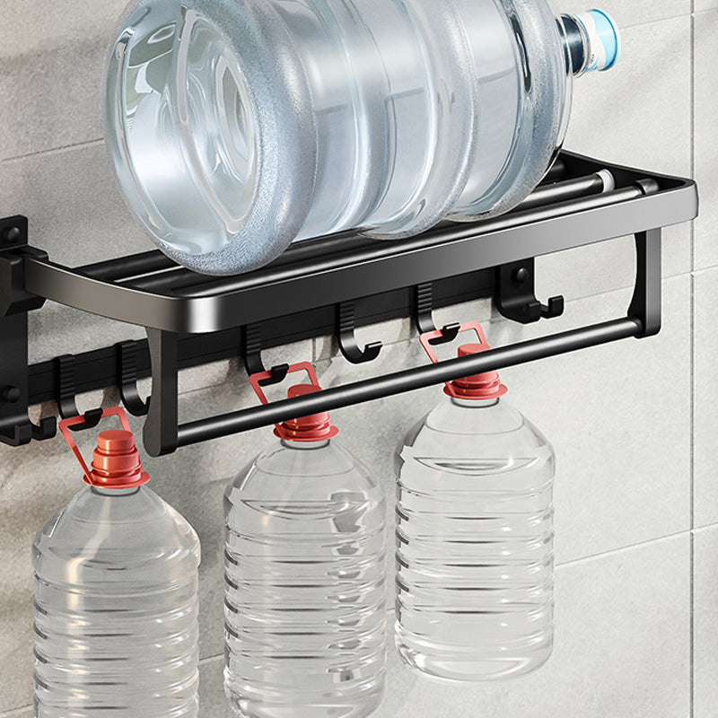 Contemporary bathroom accessory set with black finish and bath shelf/towel bar