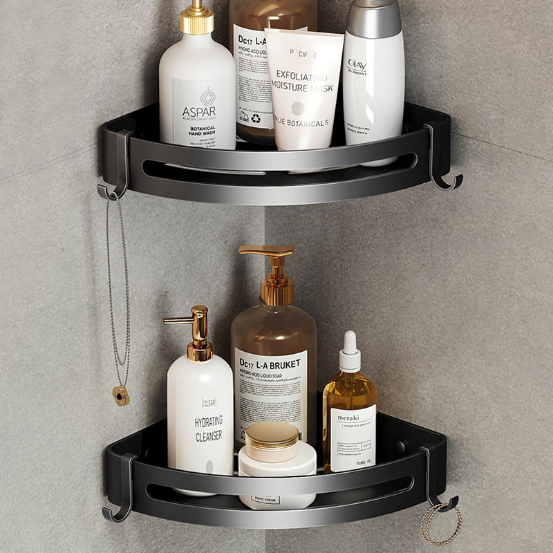 Contemporary bathroom accessory set with black finish and bath shelf/towel bar