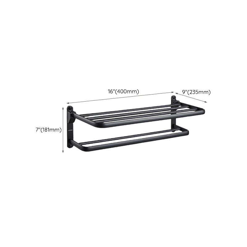 Contemporary bathroom accessory set with black finish and bath shelf/towel bar