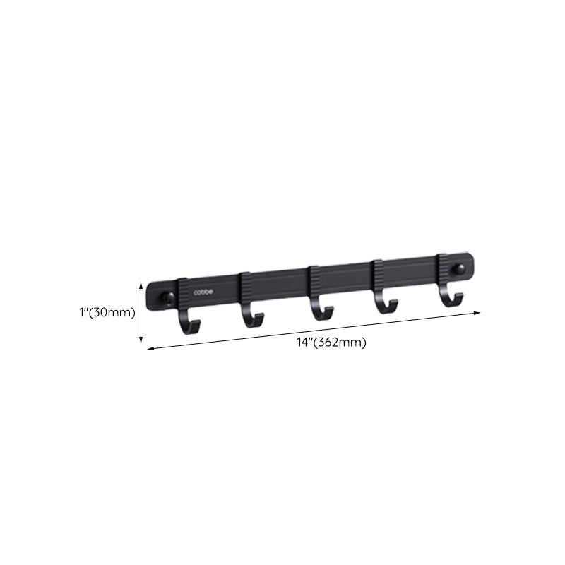 Contemporary bathroom accessory set with black finish and bath shelf/towel bar