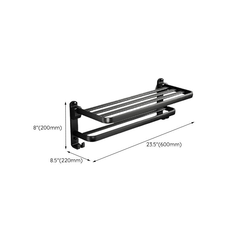 Contemporary bathroom accessory set with black finish and bath shelf/towel bar