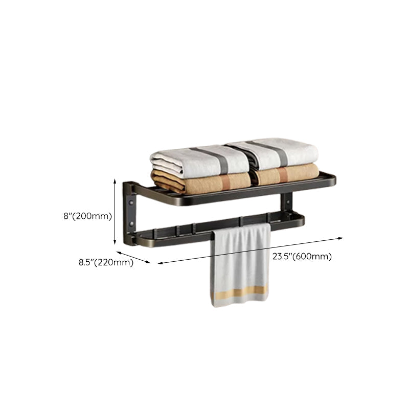 Contemporary bathroom accessory set with black finish and bath shelf/towel bar