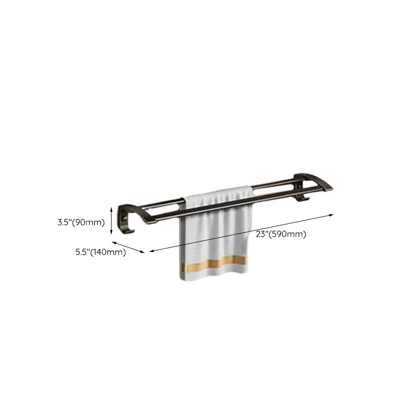 Contemporary bathroom accessory set with black finish and bath shelf/towel bar