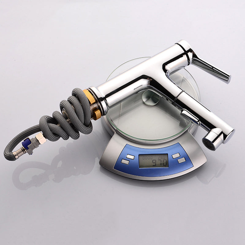 Round contemporary bathroom faucet with lever handle and single hole installation