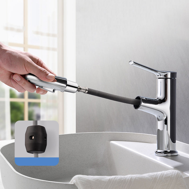 Round contemporary bathroom faucet with lever handle and single hole installation