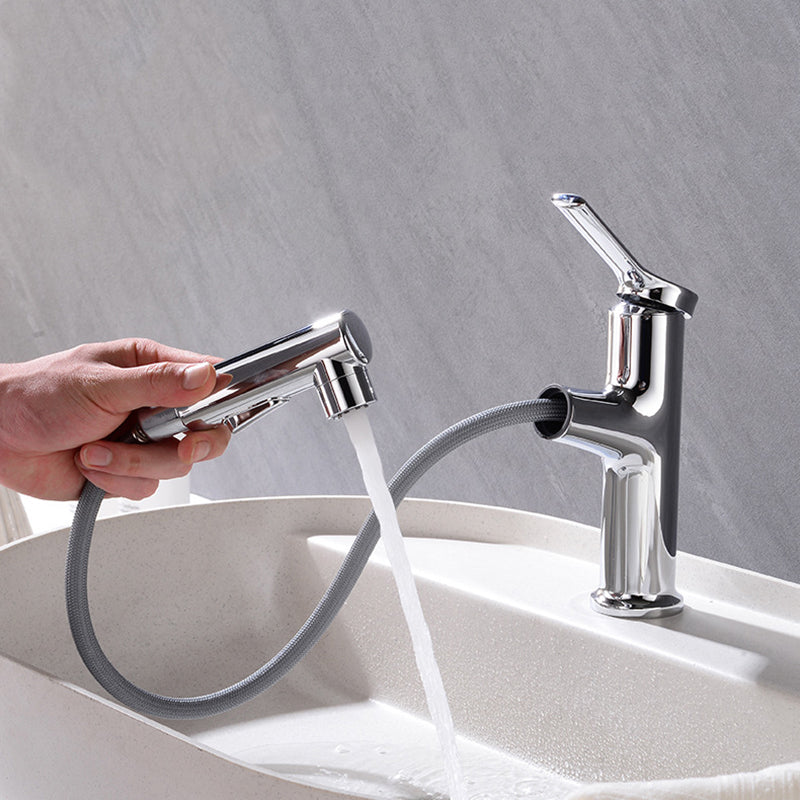 Round contemporary bathroom faucet with lever handle and single hole installation