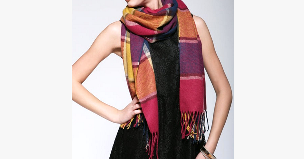 Checked Pattern Wool Scarf and Shawl - Various Colors