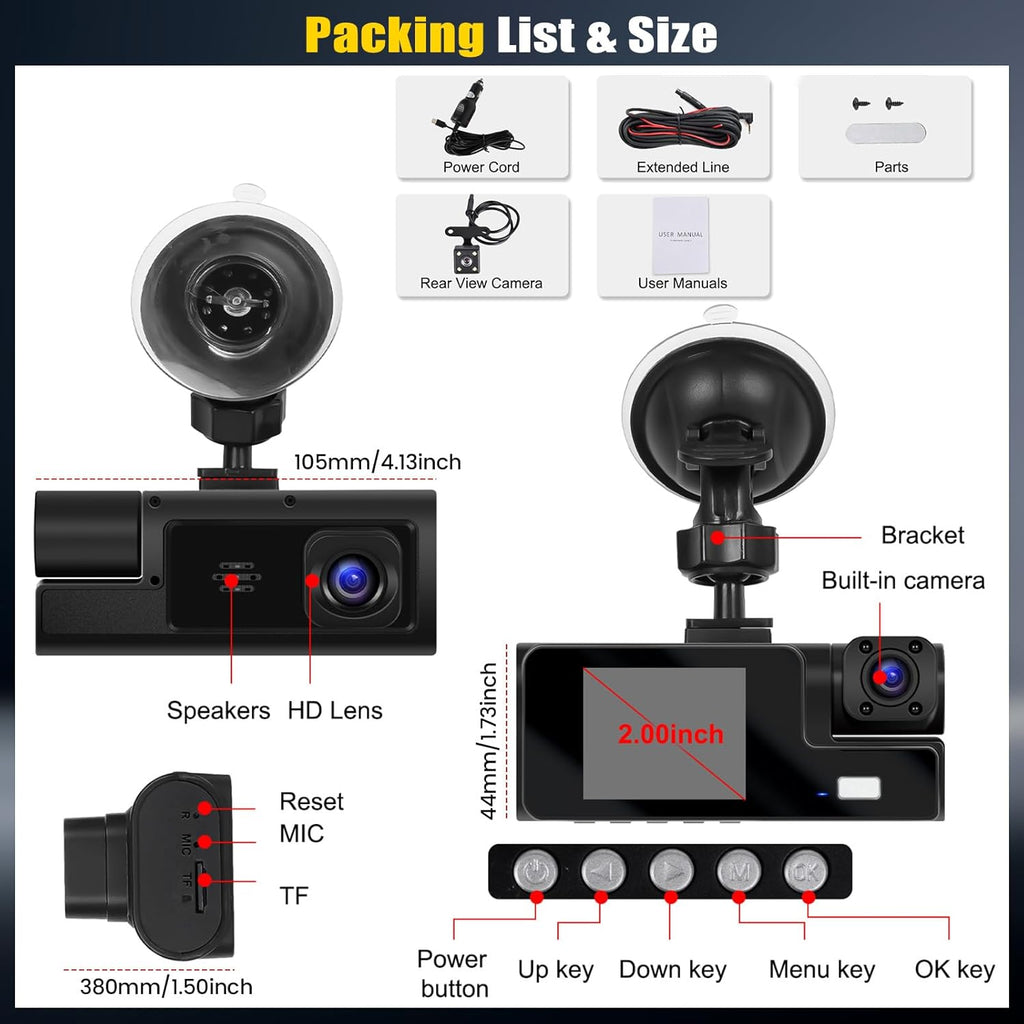 3 Channel Dash Cam Front and Rear Inside