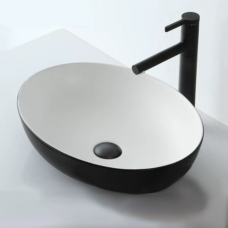 Modern Vessel Bathroom Sink Oval Porcelain with Pop-Up Drain System Vessel