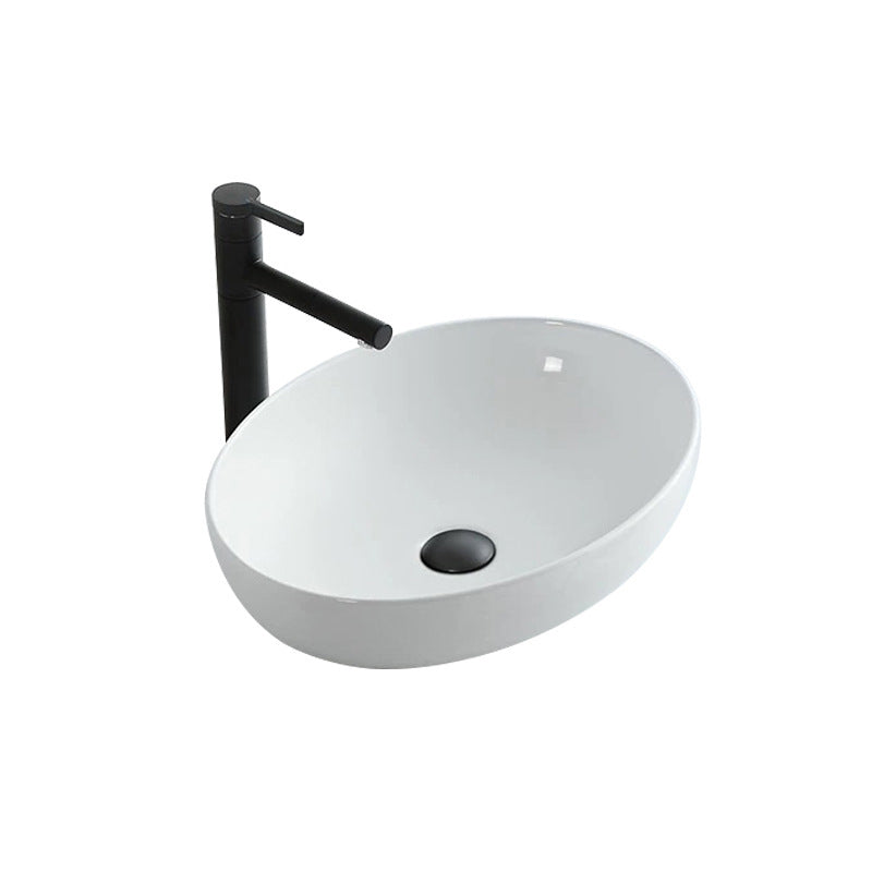 Modern Vessel Bathroom Sink Oval Porcelain with Pop-Up Drain System Vessel