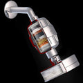 Contemporary solid shower head in silver with Catalyst wall-mounted shower head