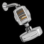 Contemporary solid shower head in silver with Catalyst wall-mounted shower head