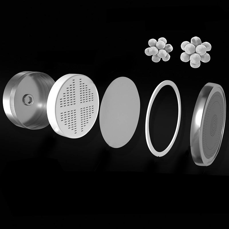 Contemporary solid shower head in silver with Catalyst wall-mounted shower head