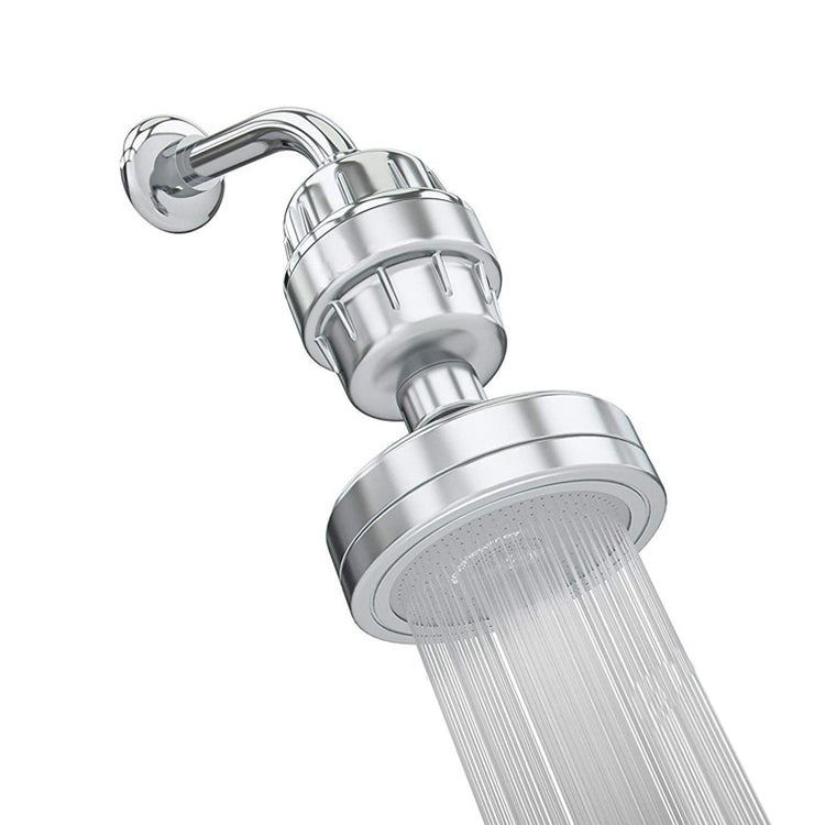 Contemporary solid shower head in silver with Catalyst wall-mounted shower head